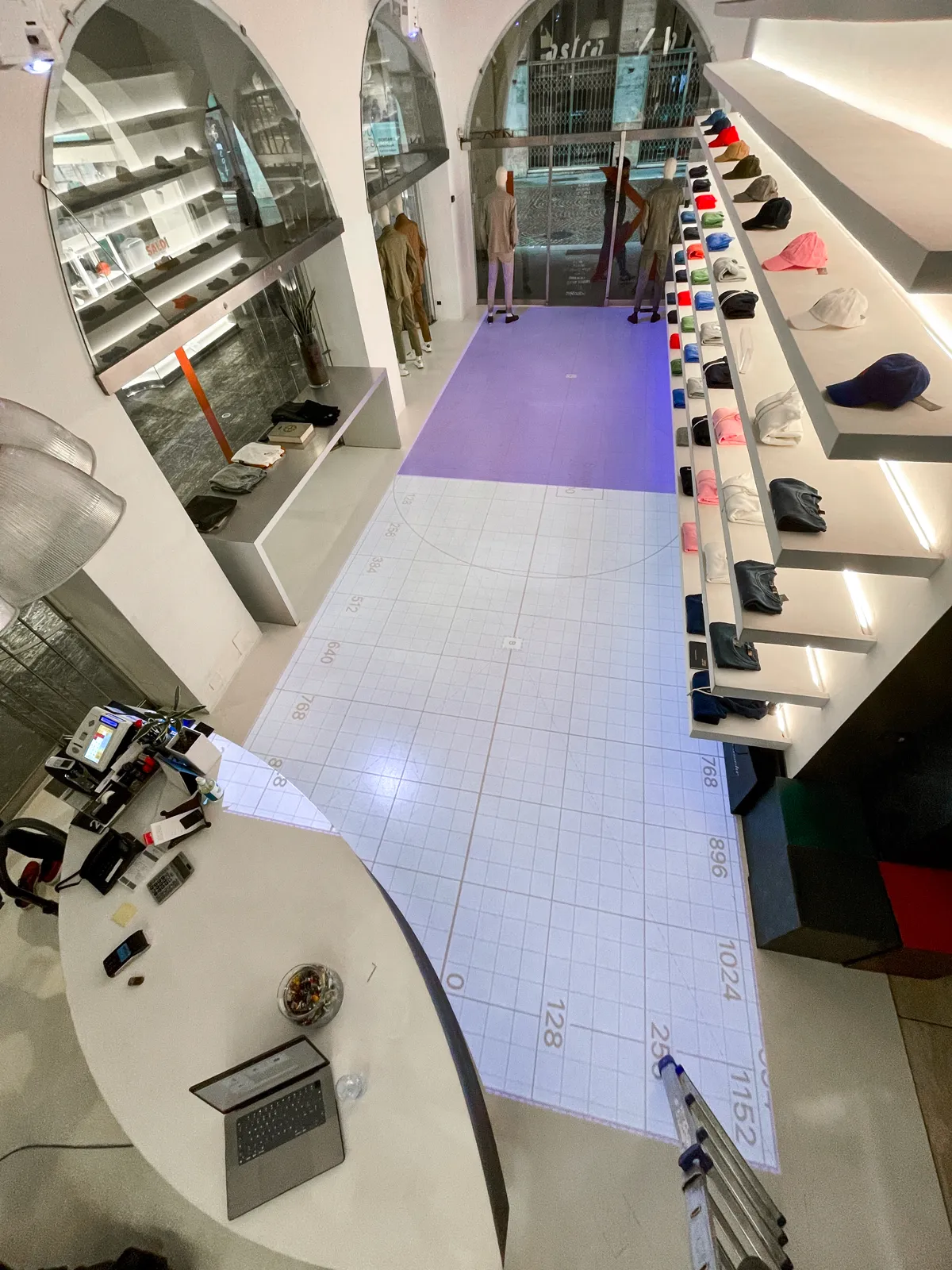 Projection mapping calibration grid on the floor
